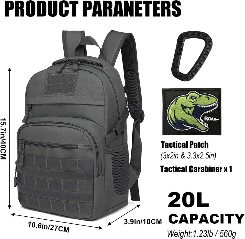 SunForMorning Kids Tactical Backpack Army Molle Bookbag Military Boys Backpack for School, Outdoor, Camping (Includes 2 Patches +1 Carabiner), Grey - Image 2